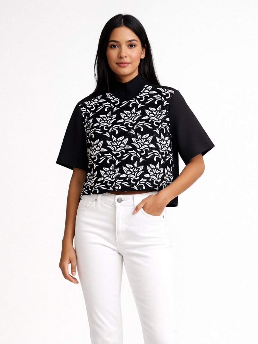 Sandro white black floral lace fabric top size 1